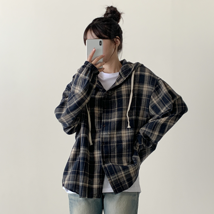 オーバーフィットチェックフード長袖シャツ NAVY