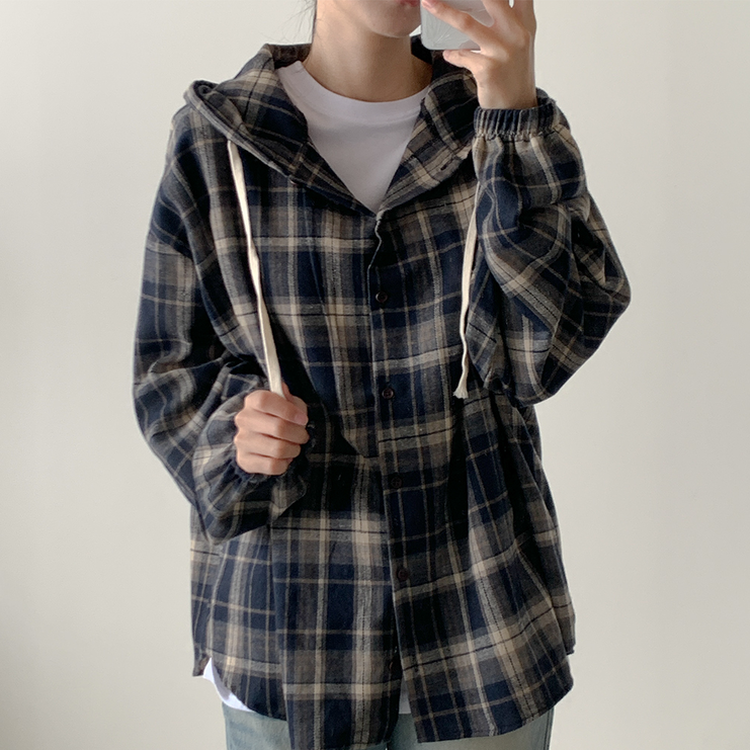 オーバーフィットチェックフード長袖シャツ NAVY