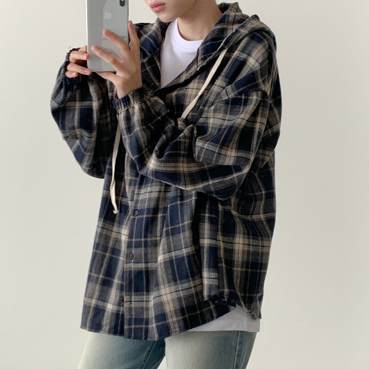 オーバーフィットチェックフード長袖シャツ NAVY