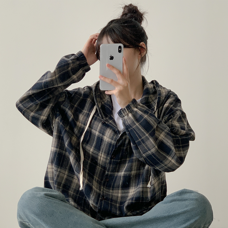 オーバーフィットチェックフード長袖シャツ NAVY
