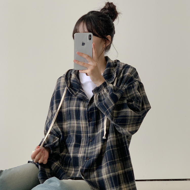 オーバーフィットチェックフード長袖シャツ NAVY