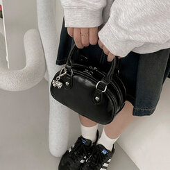 ラウンドレザーツーウェイハンドバッグショルダーバッグ BLACK