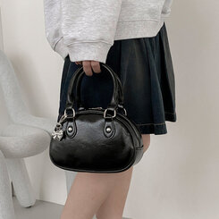 ラウンドレザーツーウェイハンドバッグショルダーバッグ BLACK