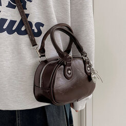 ラウンドレザーツーウェイハンドバッグショルダーバッグ BROWN