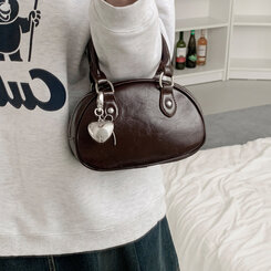 ラウンドレザーツーウェイハンドバッグショルダーバッグ BROWN