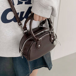 ラウンドレザーツーウェイハンドバッグショルダーバッグ BROWN