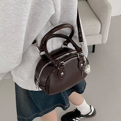 ラウンドレザーツーウェイハンドバッグショルダーバッグ BROWN