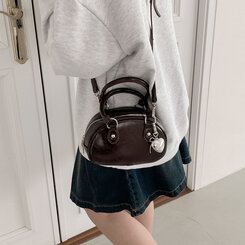ラウンドレザーツーウェイハンドバッグショルダーバッグ BROWN