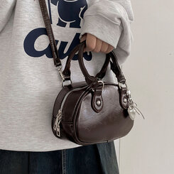 ラウンドレザーツーウェイハンドバッグショルダーバッグ BROWN