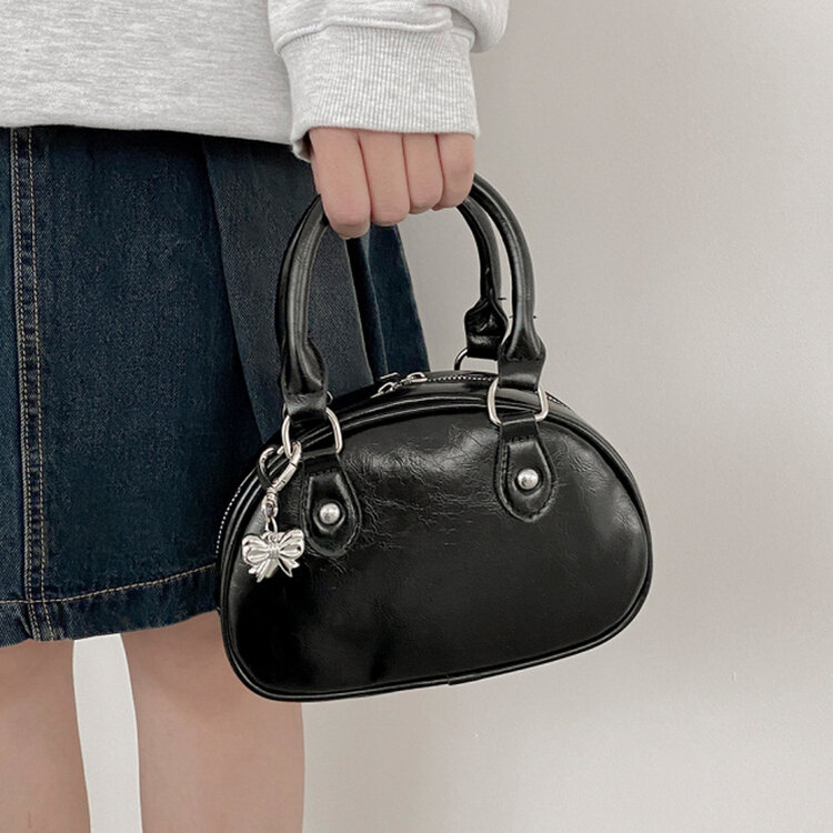 ラウンドレザーツーウェイハンドバッグショルダーバッグ BLACK
