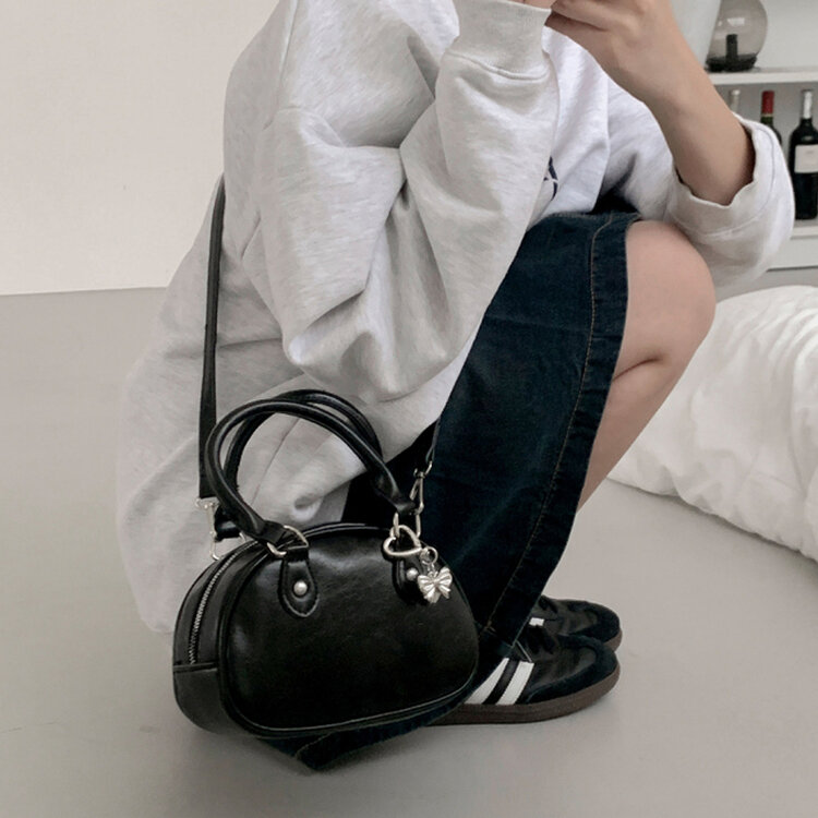 ラウンドレザーツーウェイハンドバッグショルダーバッグ BLACK
