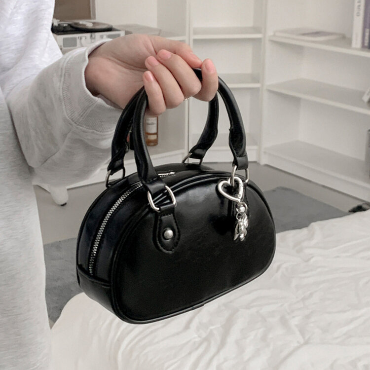 ラウンドレザーツーウェイハンドバッグショルダーバッグ BLACK