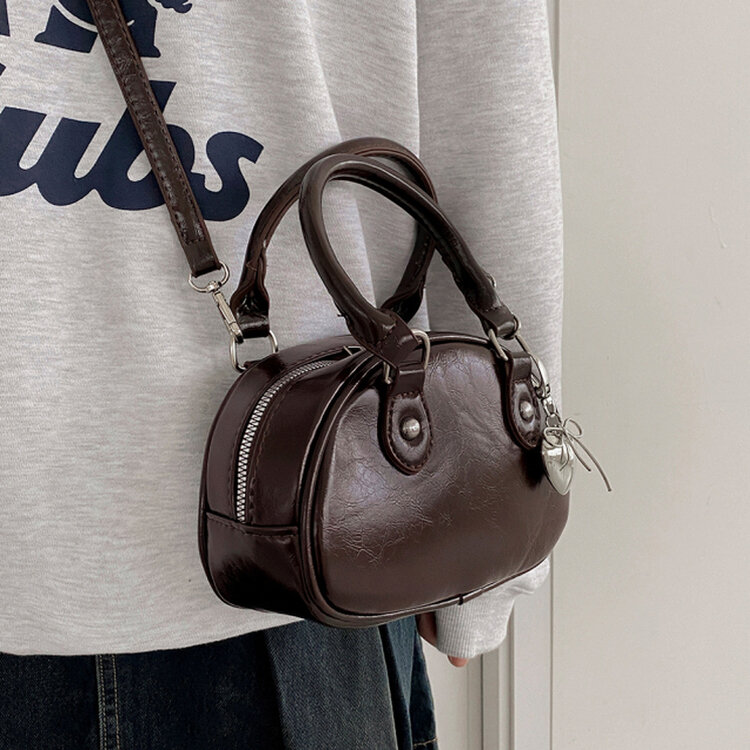ラウンドレザーツーウェイハンドバッグショルダーバッグ BROWN