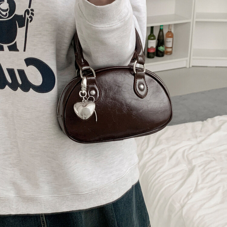 ラウンドレザーツーウェイハンドバッグショルダーバッグ BROWN