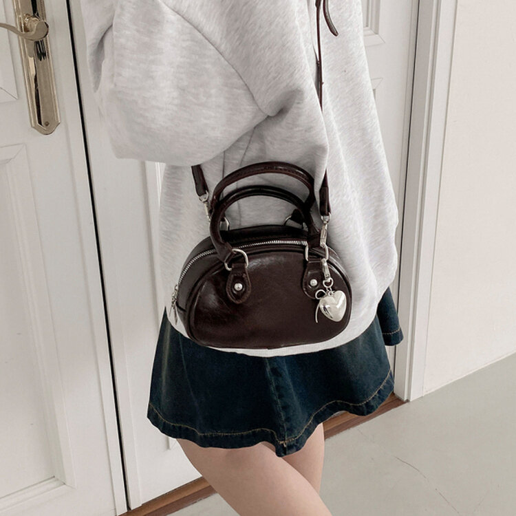 ラウンドレザーツーウェイハンドバッグショルダーバッグ BROWN