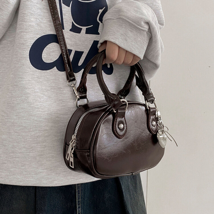 ラウンドレザーツーウェイハンドバッグショルダーバッグ BROWN