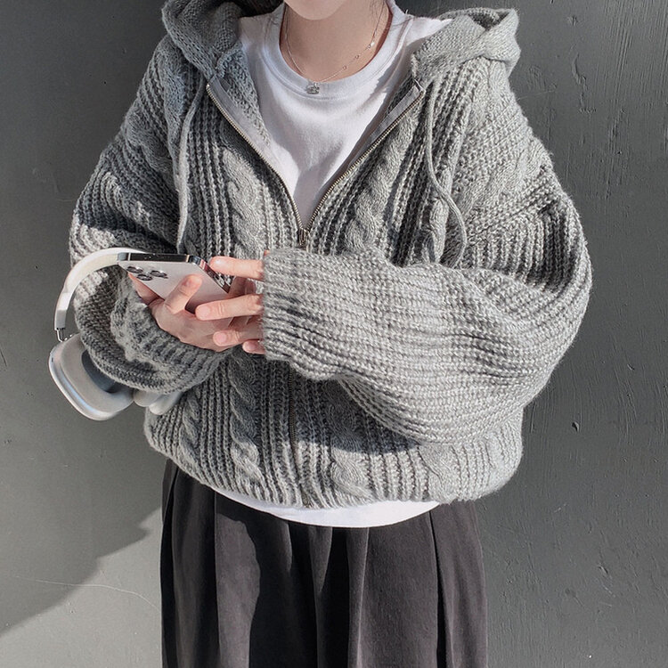 폭닥하게 감싸주는 벌룬 꽈배기 후드 니트 집업 7color 그레이