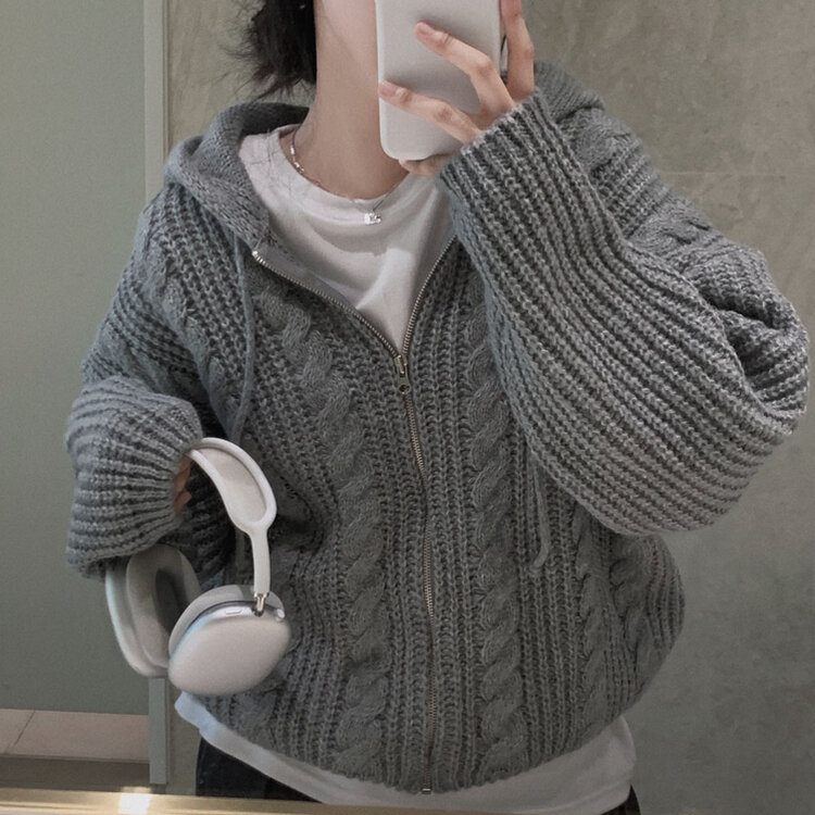 폭닥하게 감싸주는 벌룬 꽈배기 후드 니트 집업 7color 그레이