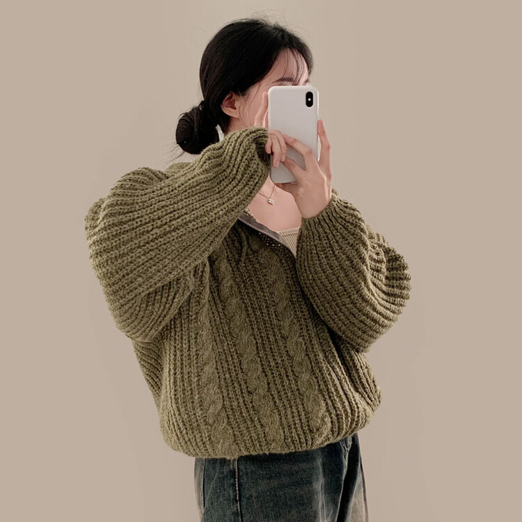 폭닥하게 감싸주는 벌룬 꽈배기 후드 니트 집업 7color 카키