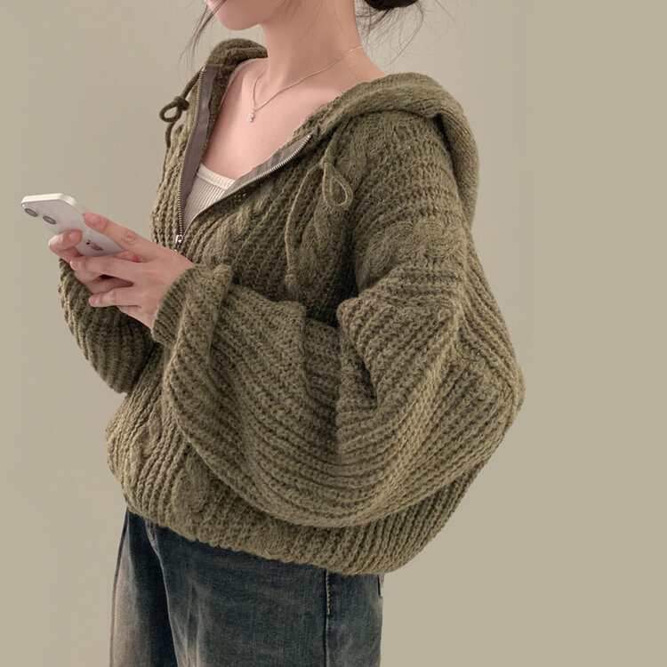 폭닥하게 감싸주는 벌룬 꽈배기 후드 니트 집업 7color 카키