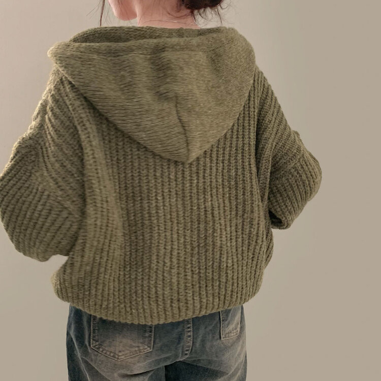 폭닥하게 감싸주는 벌룬 꽈배기 후드 니트 집업 7color 카키