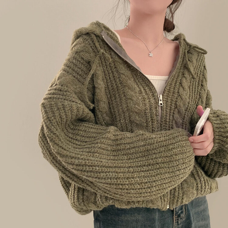 폭닥하게 감싸주는 벌룬 꽈배기 후드 니트 집업 7color 카키