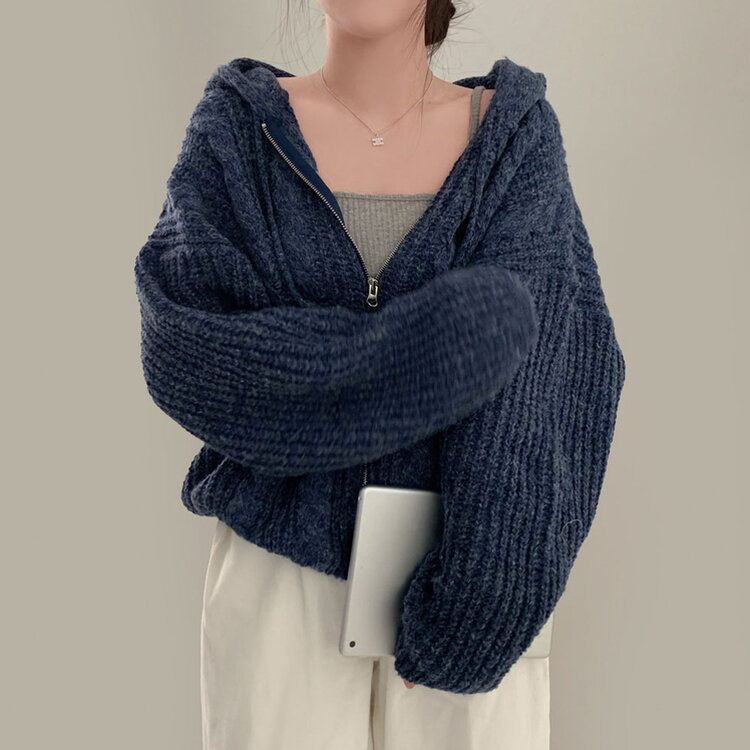 폭닥하게 감싸주는 벌룬 꽈배기 후드 니트 집업 7color 네이비