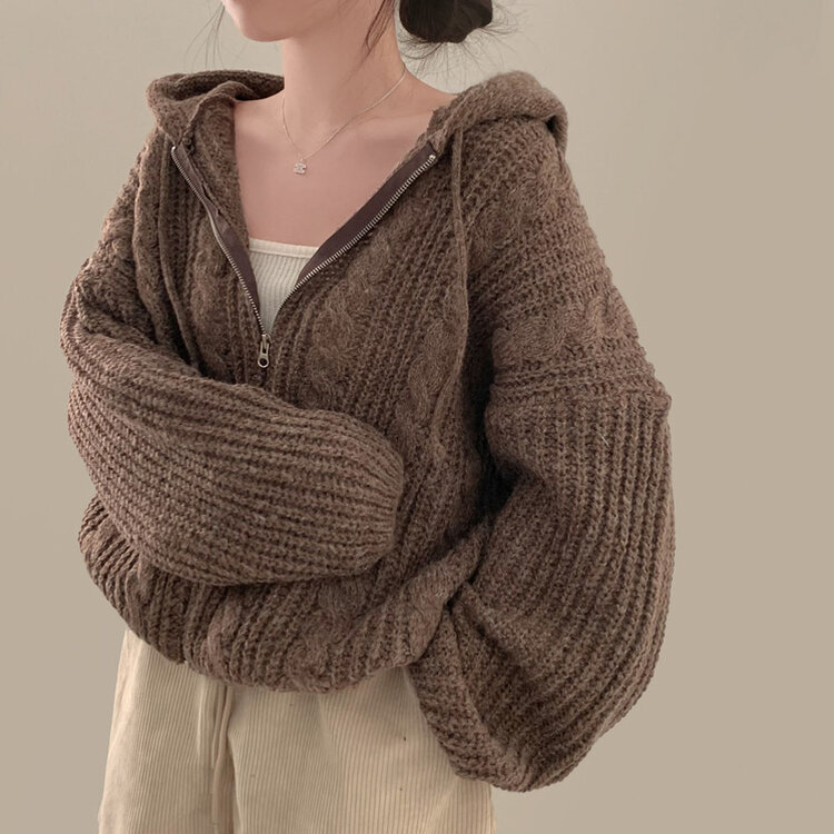 폭닥하게 감싸주는 벌룬 꽈배기 후드 니트 집업 7color 브라운