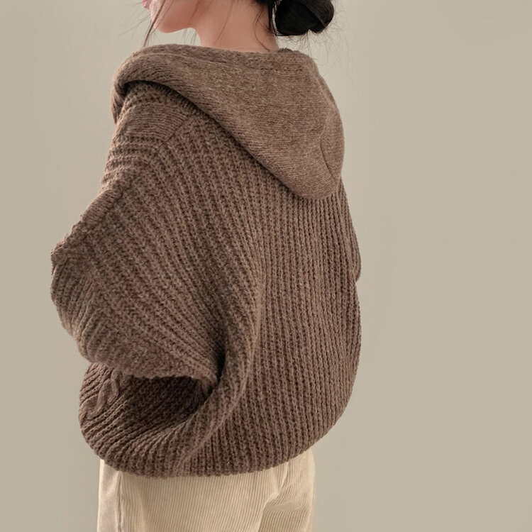 폭닥하게 감싸주는 벌룬 꽈배기 후드 니트 집업 7color 브라운