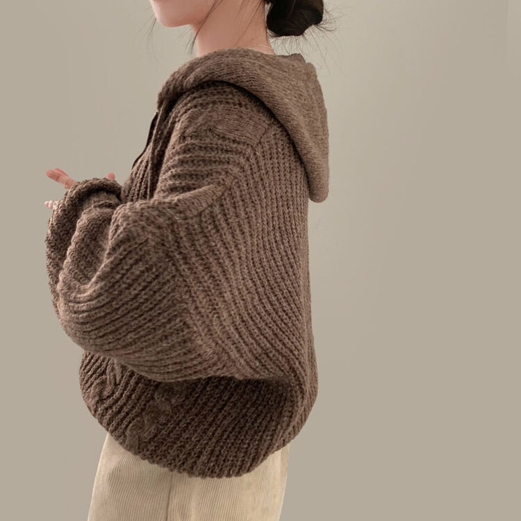 폭닥하게 감싸주는 벌룬 꽈배기 후드 니트 집업 7color 브라운