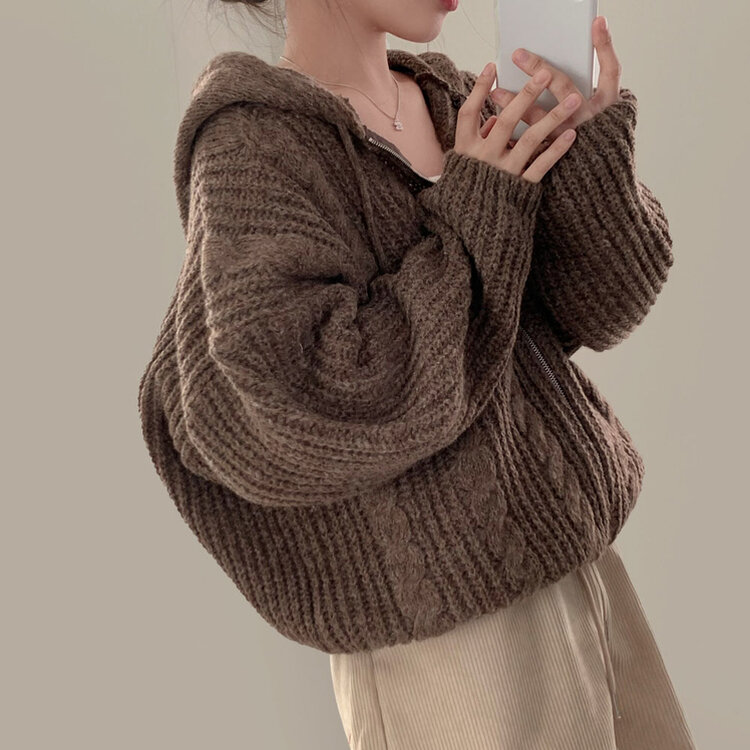 폭닥하게 감싸주는 벌룬 꽈배기 후드 니트 집업 7color 브라운