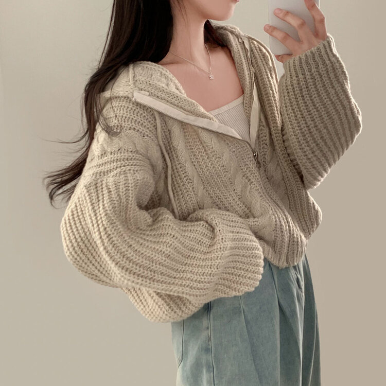 폭닥하게 감싸주는 벌룬 꽈배기 후드 니트 집업 7color 아이보리