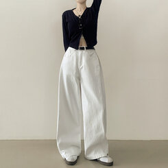 [숏,기본,롱/~2XL] 인생 화이트진! 밑단 스냅비조 사이드 핀턱 와이드 롱팬츠 화이트 블랙 키작녀 키큰녀 화이트