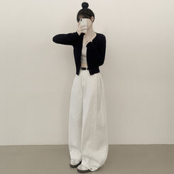 [숏,기본,롱/~2XL] 인생 화이트진! 밑단 스냅비조 사이드 핀턱 와이드 롱팬츠 화이트 블랙 키작녀 키큰녀 화이트