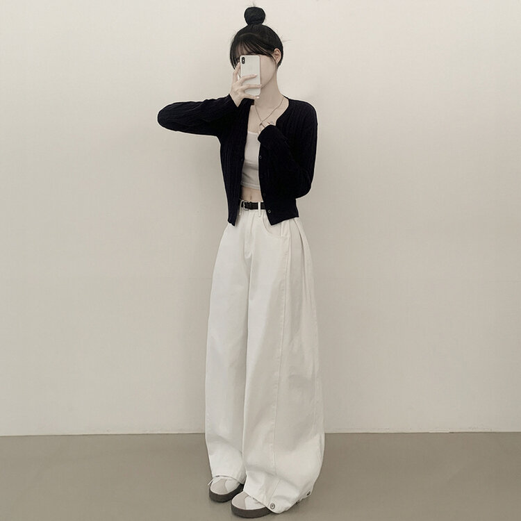 [숏,기본,롱/~2XL] 인생 화이트진! 밑단 스냅비조 사이드 핀턱 와이드 롱팬츠 화이트 블랙 키작녀 키큰녀 화이트