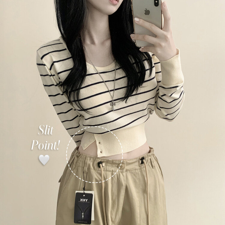 여리핏 카리나 스트라이프 단가라 무지 허리잘록 크롭니트 아이보리/네이비