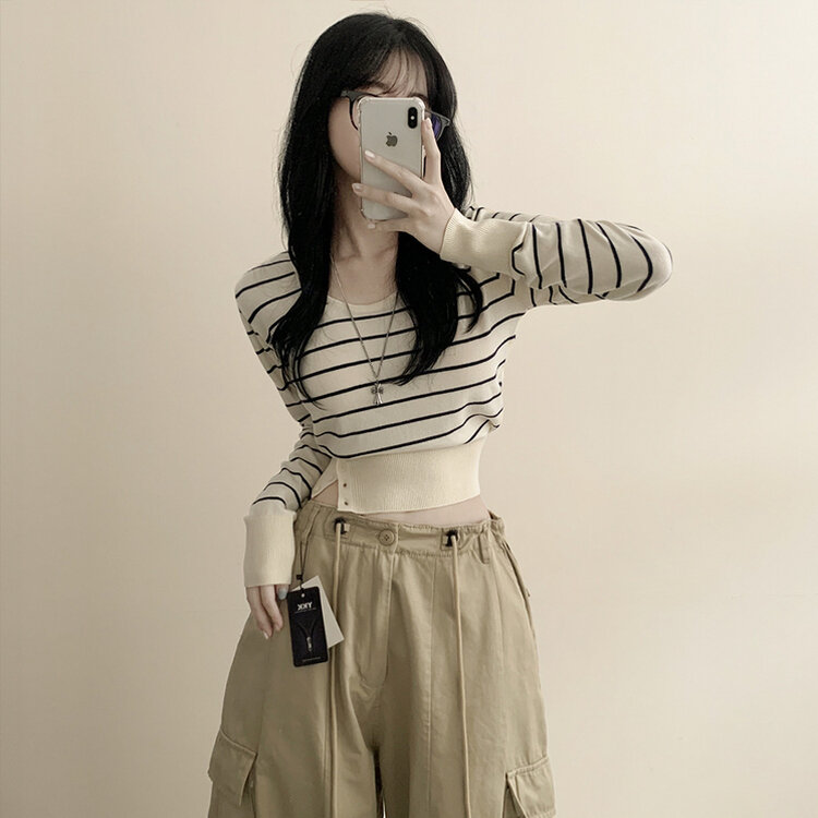 여리핏 카리나 스트라이프 단가라 무지 허리잘록 크롭니트 아이보리/네이비