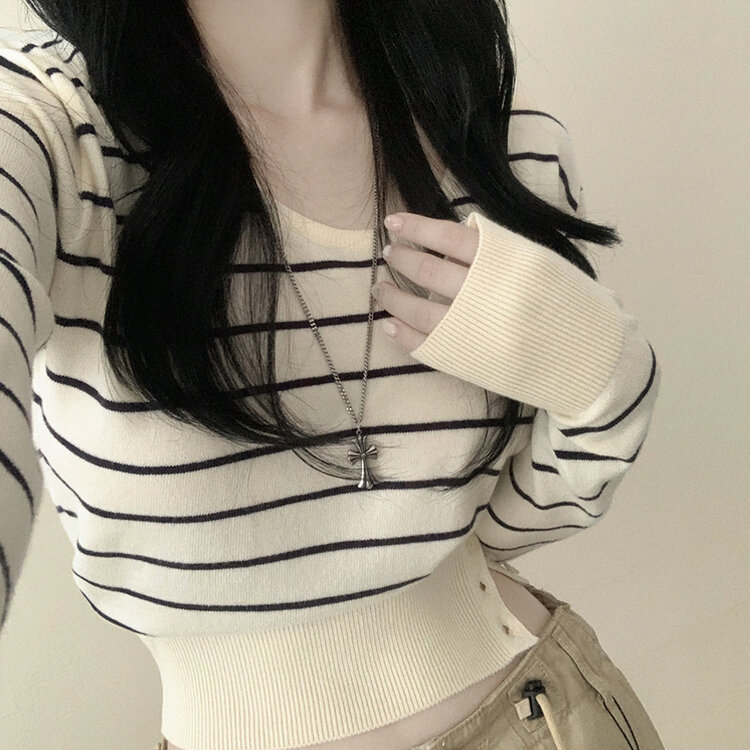 여리핏 카리나 스트라이프 단가라 무지 허리잘록 크롭니트 아이보리/네이비