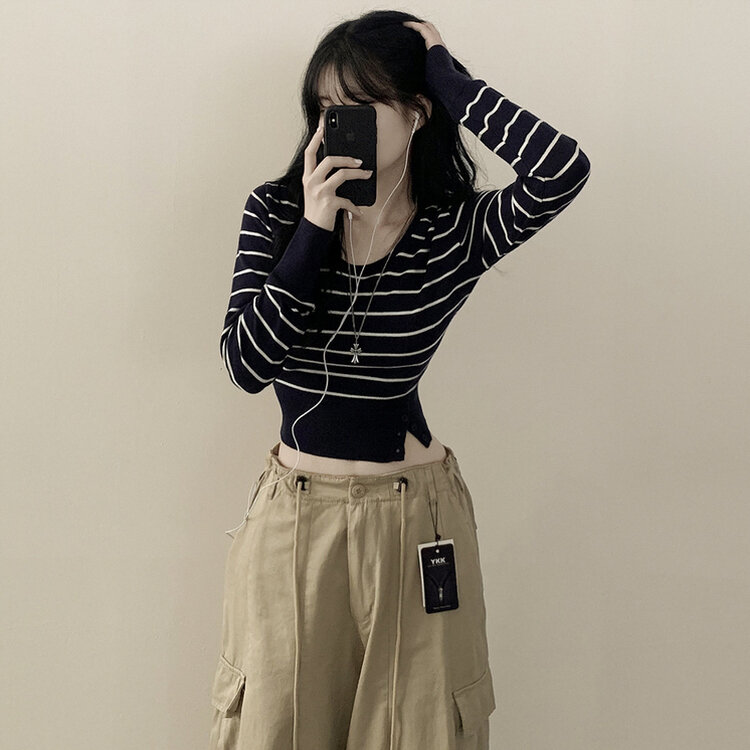 여리핏 카리나 스트라이프 단가라 무지 허리잘록 크롭니트 네이비/아이보리