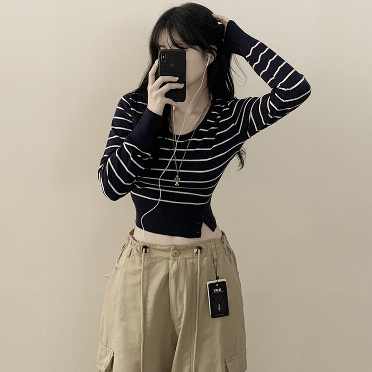 여리핏 카리나 스트라이프 단가라 무지 허리잘록 크롭니트 네이비/아이보리
