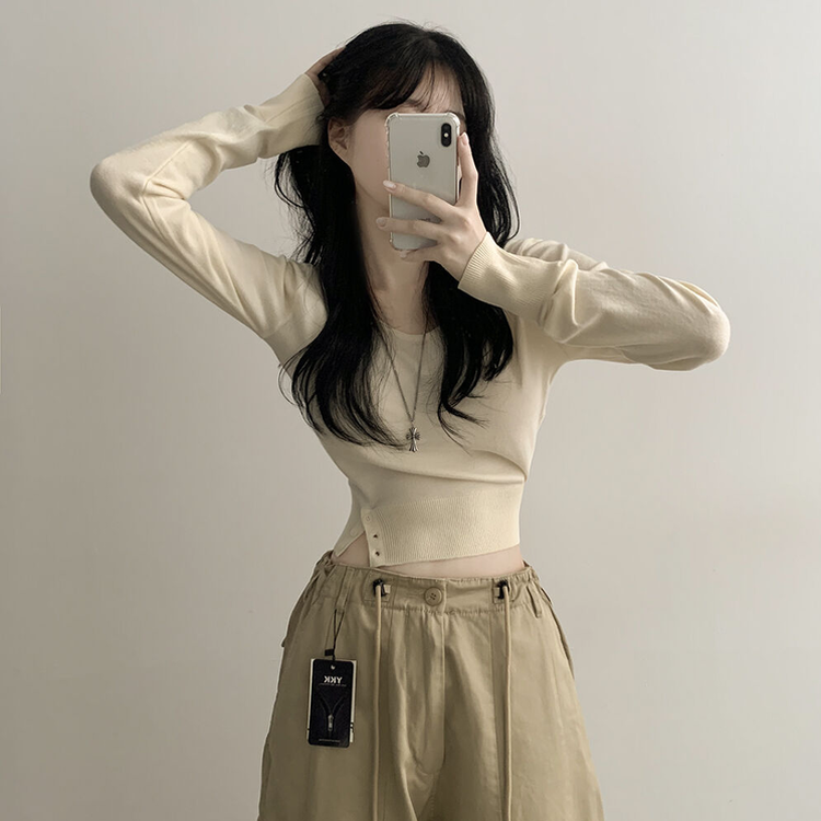 여리핏 카리나 스트라이프 단가라 무지 허리잘록 크롭니트 아이보리