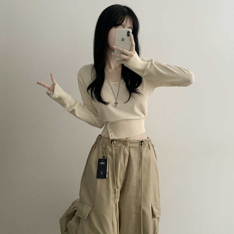 여리핏 카리나 스트라이프 단가라 무지 허리잘록 크롭니트 아이보리