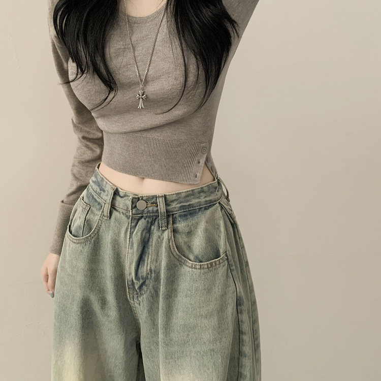 여리핏 카리나 스트라이프 단가라 무지 허리잘록 크롭니트 그레이