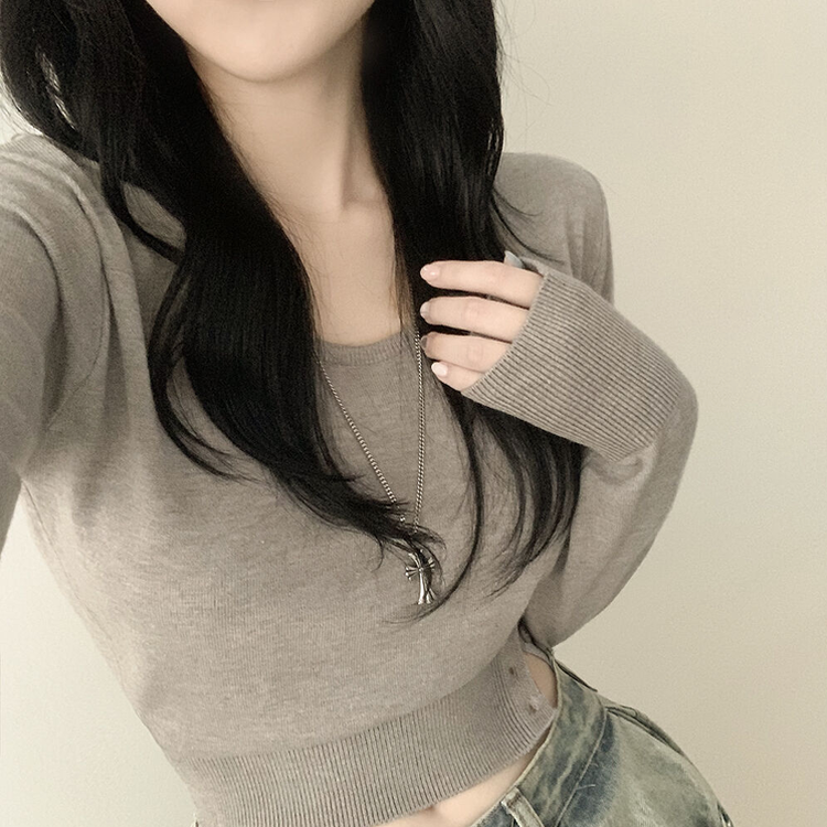 여리핏 카리나 스트라이프 단가라 무지 허리잘록 크롭니트 그레이