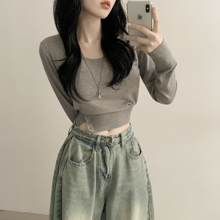 여리핏 카리나 스트라이프 단가라 무지 허리잘록 크롭니트 그레이