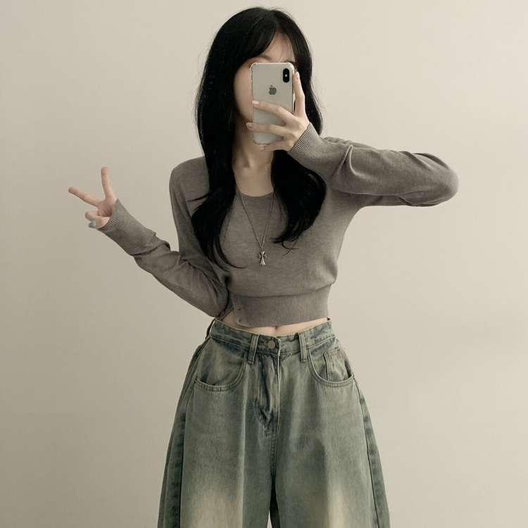 여리핏 카리나 스트라이프 단가라 무지 허리잘록 크롭니트 그레이