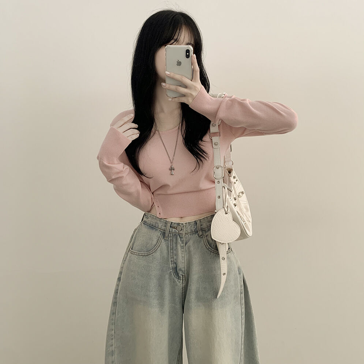여리핏 카리나 스트라이프 단가라 무지 허리잘록 크롭니트 핑크