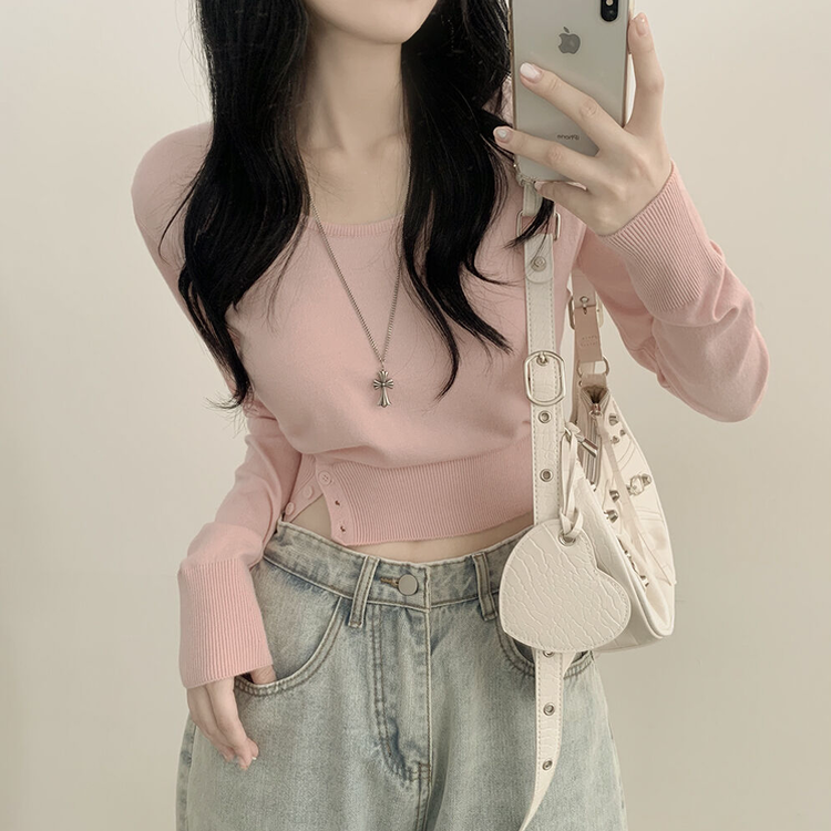 여리핏 카리나 스트라이프 단가라 무지 허리잘록 크롭니트 핑크