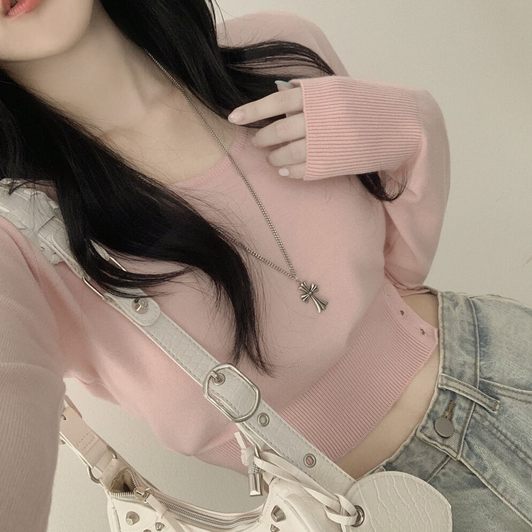 여리핏 카리나 스트라이프 단가라 무지 허리잘록 크롭니트 핑크
