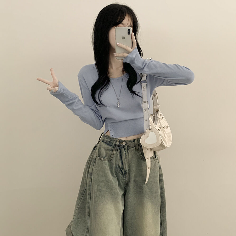 여리핏 카리나 스트라이프 단가라 무지 허리잘록 크롭니트 소라